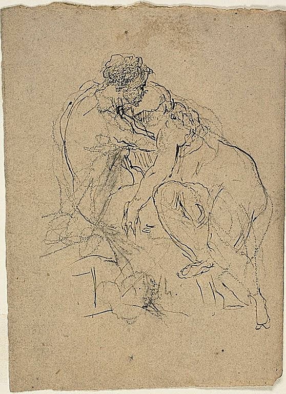 Jean Baptiste Carpeaux, Seated Couple Embracing — two figures turned toward each other in tenderness, a drawing in pen and brown ink