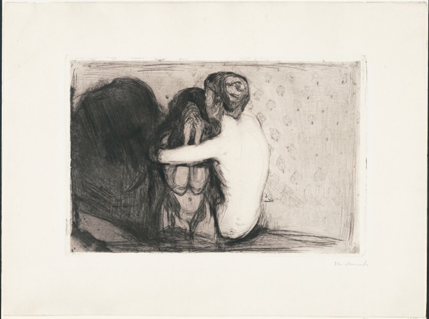 Edvard Munch, Consolation (1894) — one figure sheltering another in grief, a drypoint print representing emotional presence and attunement