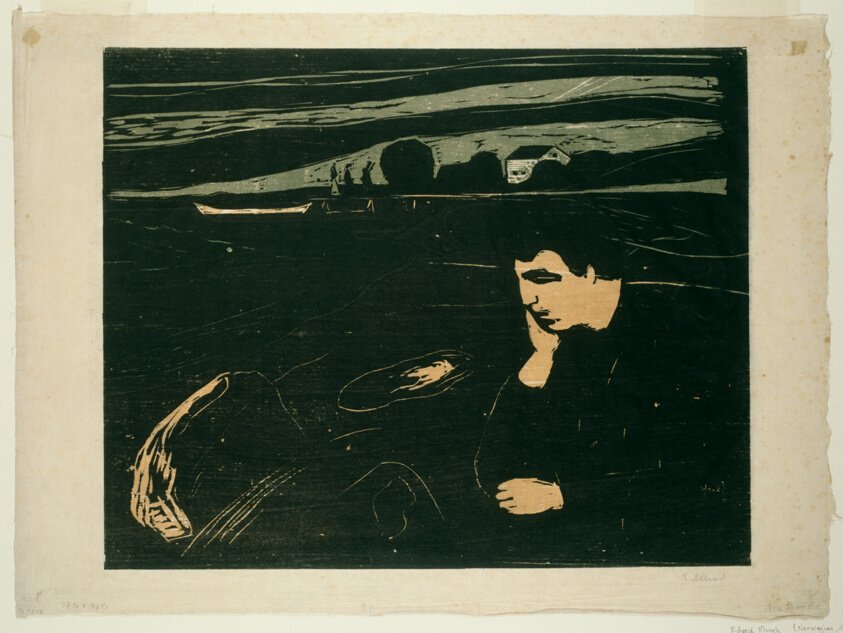 Edvard Munch, Melancholy III (1902) — a brooding figure at the water's edge, the landscape saturated with inward mood