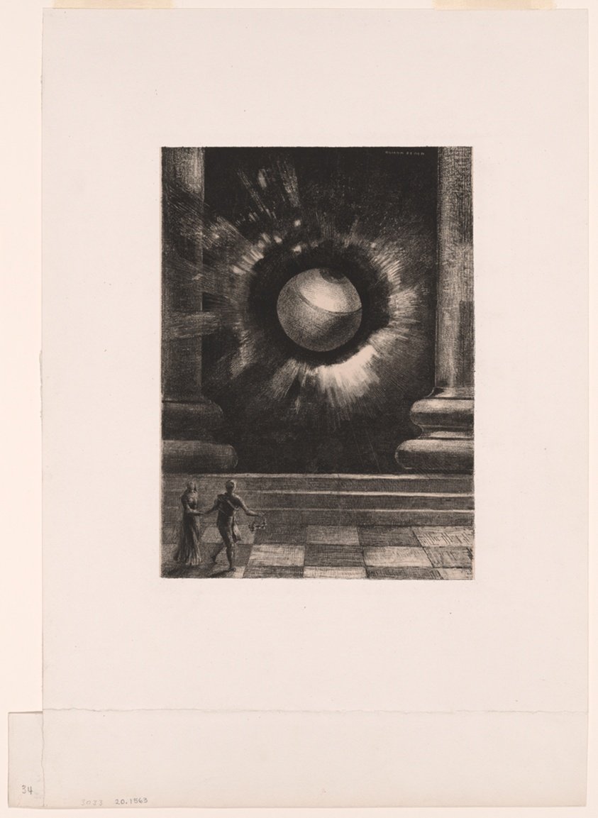 Odilon Redon, Vision from In Dreams (1879) — a hovering disembodied form between consciousness and sleep, from the series In Dreams