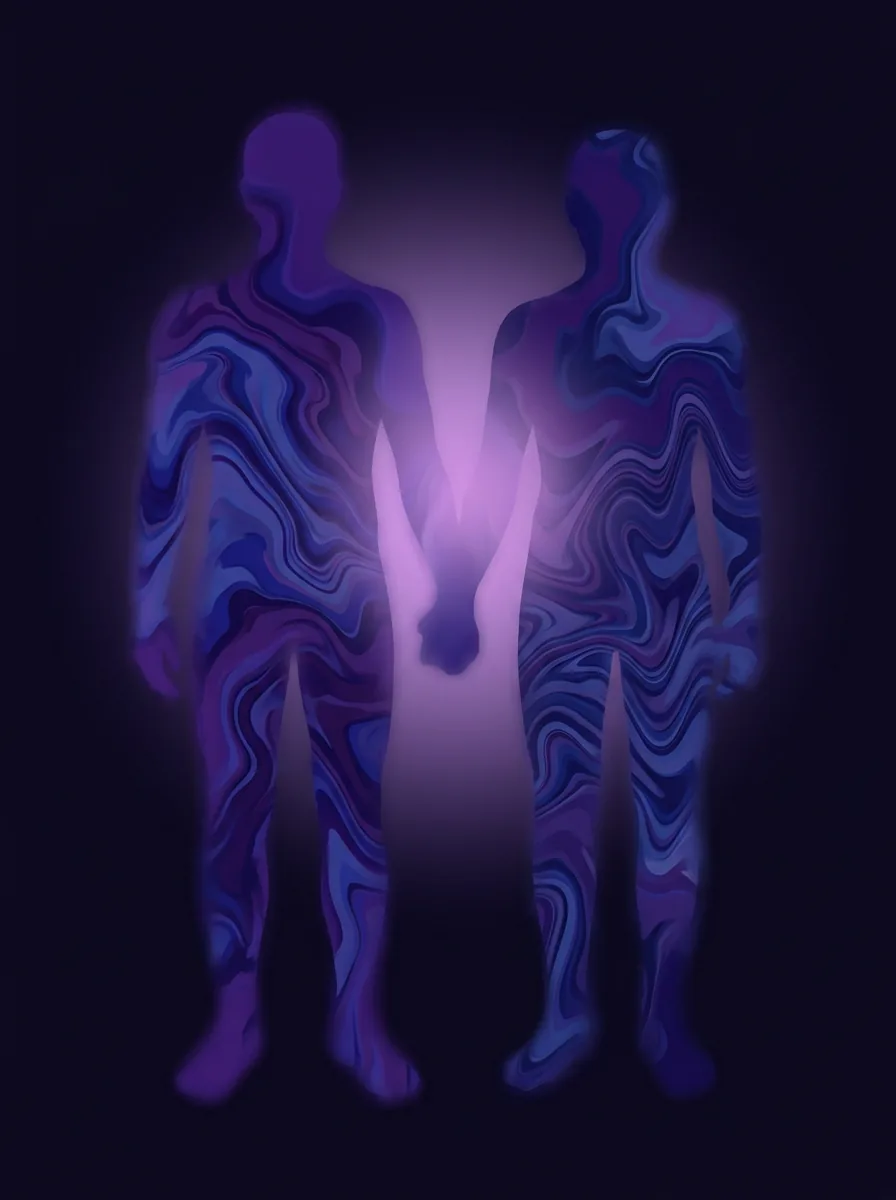 Abstract artwork of two silhouetted figures with flowing colour