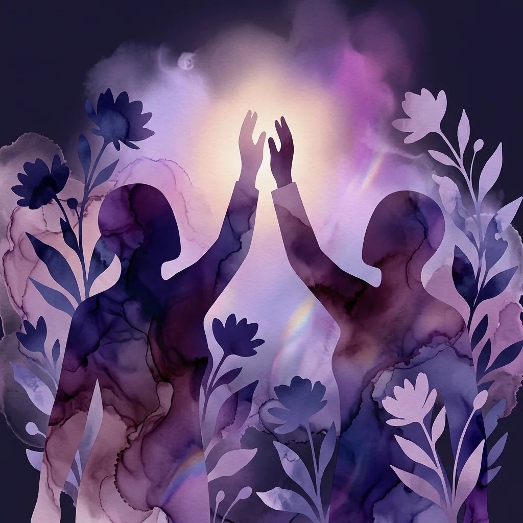 Abstract artwork of a figure reaching towards light among plants