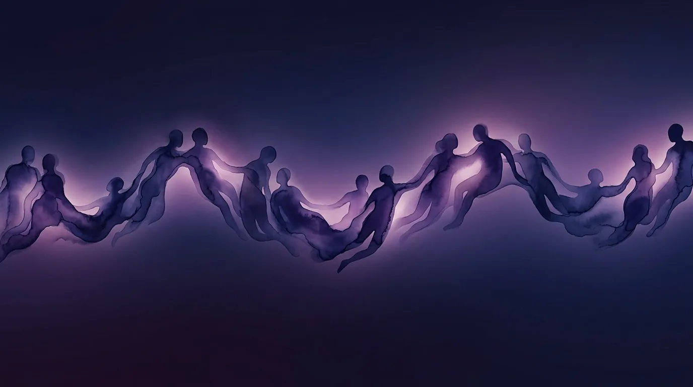 Abstract artwork of connected figures along a flowing ribbon