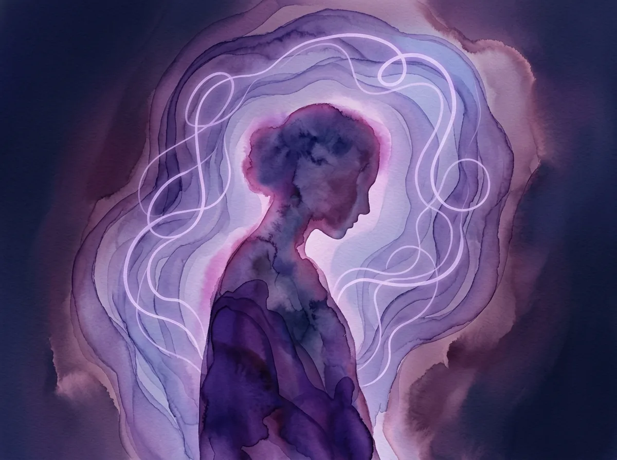 Abstract artwork of a figure surrounded by flowing luminous lines